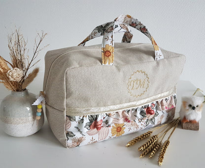 Valisette coton beige scintillant et grosses fleurs retro