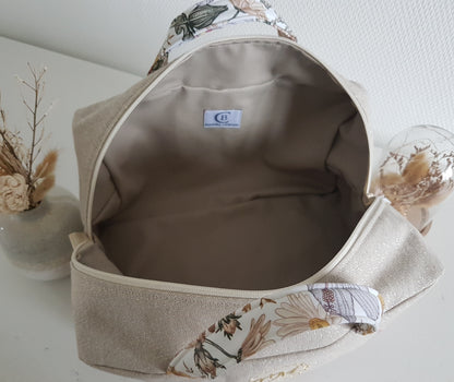 Valisette coton beige scintillant et grosses fleurs retro
