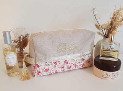 Trousse de toilette beige scintillant et liberty vieux rose