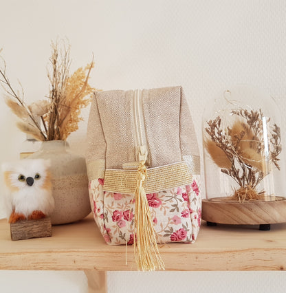 Trousse de toilette beige scintillant et liberty vieux rose
