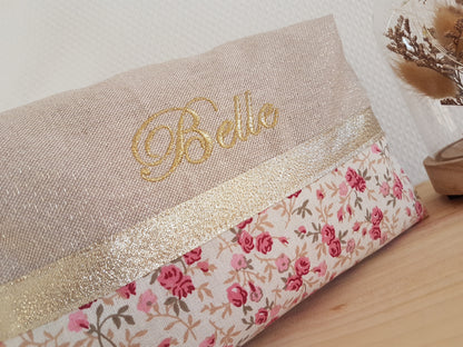 Trousse de toilette beige scintillant et liberty vieux rose