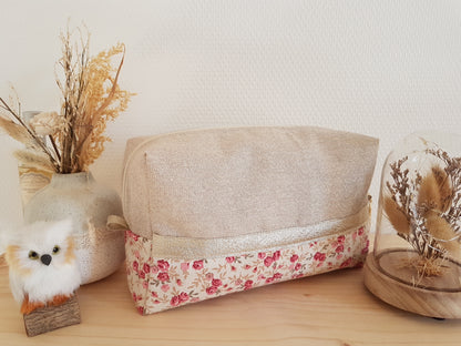 Trousse de toilette beige scintillant et liberty vieux rose
