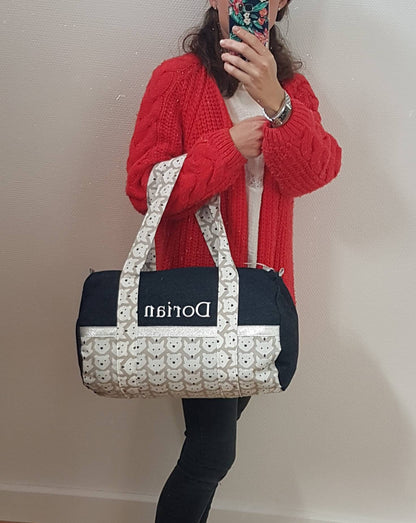 Sac polochon enfant jean denim bleu foncé et motifs animaux beige