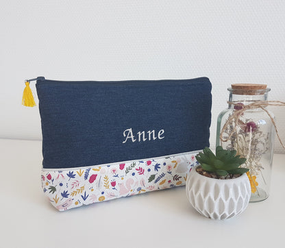 Grande pochette / trousse liberty et jean bleu foncé