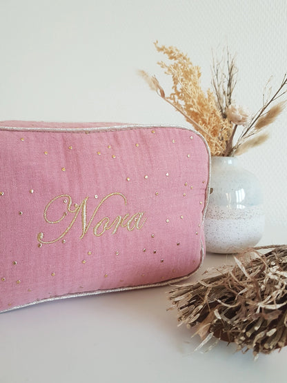 Trousse de voyage passepoilée en double gaze de coton