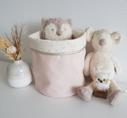 Grand panier/corbeille de rangement coton rose scintillant et gaze de coton ecrue.