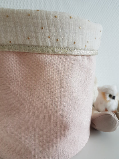 Grand panier/corbeille de rangement coton rose scintillant et gaze de coton ecrue.