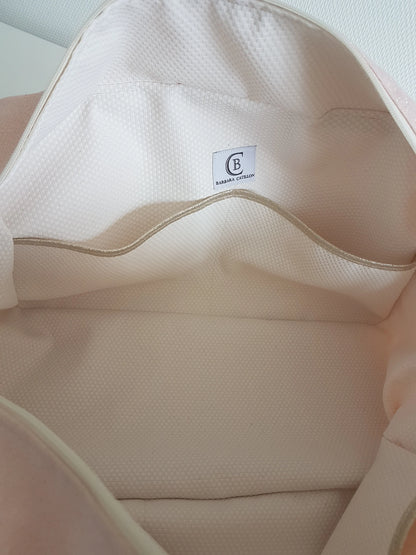 Sac à langer ou de voyage, rose pâle scintillant et double gaze de coton écrue à pois dorés