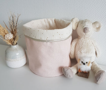 Grand panier/corbeille de rangement coton rose scintillant et gaze de coton ecrue.