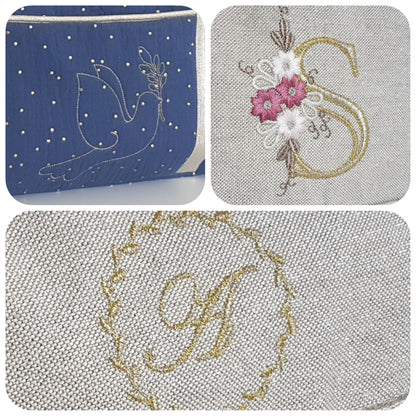 Trousse à maquillage motif brodé, double gaze de coton à pois dorés