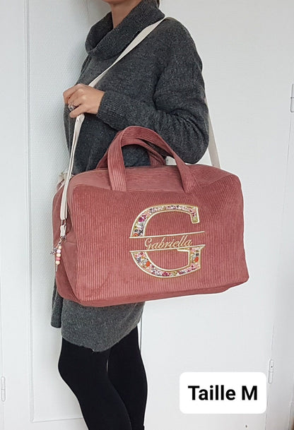 Sac à langer ou de voyage en velours côtelé sable et broderie lion