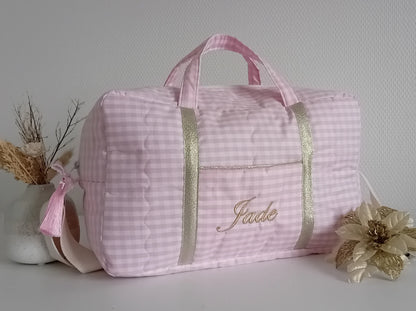 Sac à langer ou de voyage, coton vichy rose pâle.