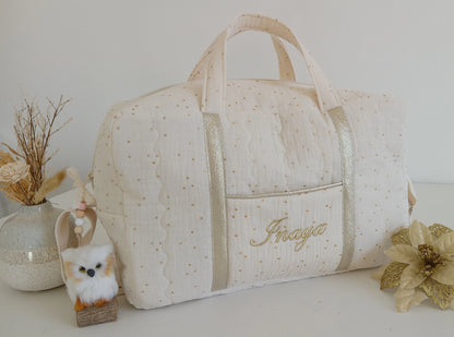 Sac à langer ou de voyage matelassé, double gaze de coton à pois dorés  .
