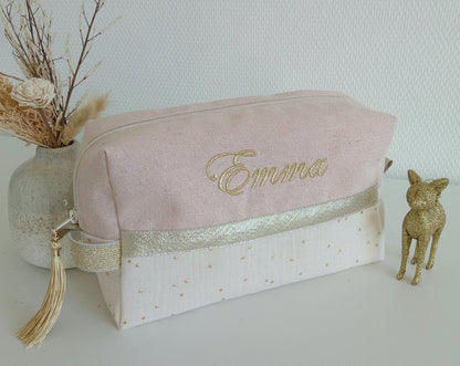 Trousse de toilette rose scintillant et gaze de coton écrue