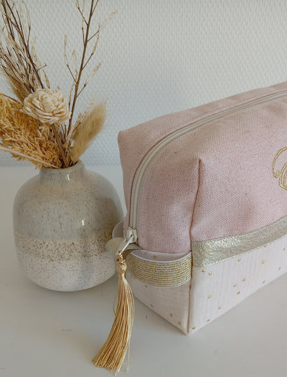 Trousse de toilette rose scintillant et gaze de coton écrue