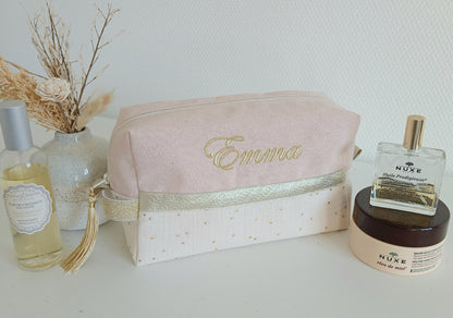 Trousse de toilette rose scintillant et gaze de coton écrue