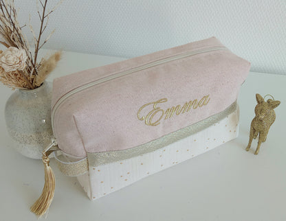 Trousse de toilette rose scintillant et gaze de coton écrue