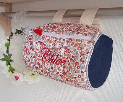 Sacoche à vélo ou trottinette, fleurs gris/bordeaux et jean