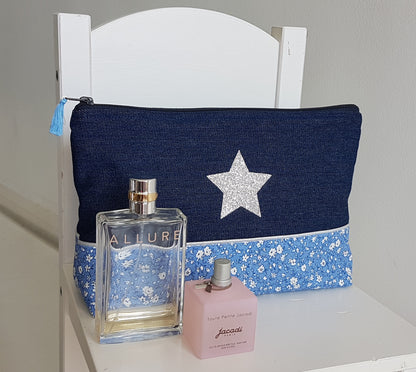 Grande pochette / trousse liberty et jean bleu foncé