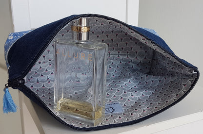Grande pochette / trousse liberty et jean bleu foncé