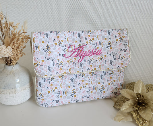 Hülle für Gesundheitsbuch, Wickeltasche, aus rosa und grauer Liberty-Baumwolle